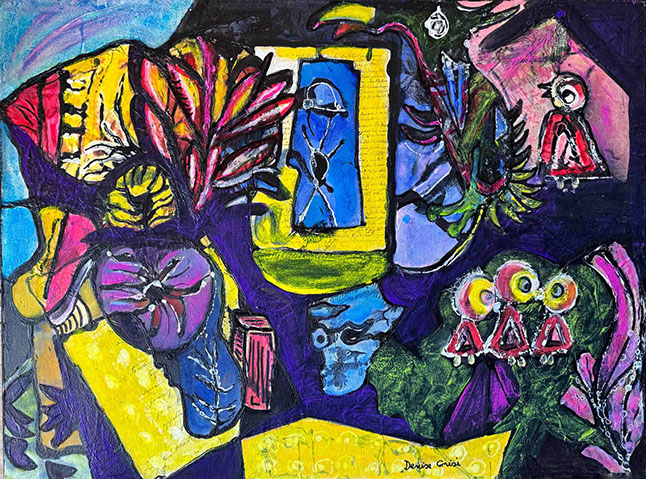 tableau évoquant le voyage, couleur rose violet et jaune,outsider art,art singulier, denise grisi,