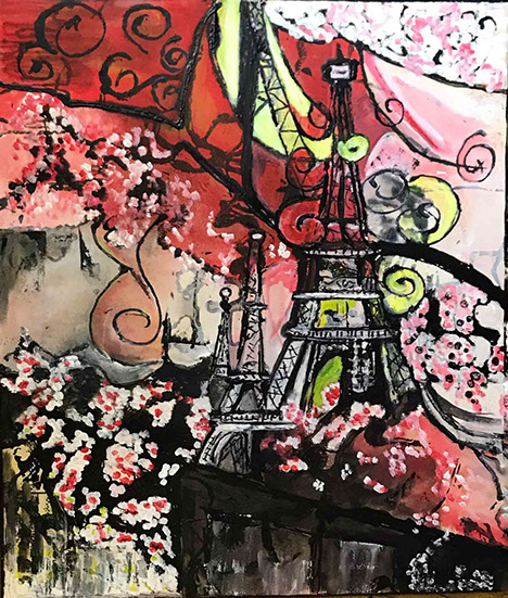tableau évoquant le voyage, couleur rose violet et jaune,outsider art,art singulier, denise grisi,
