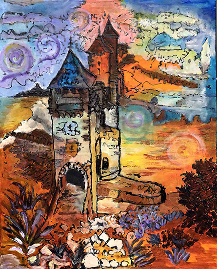 tableau évoquant le voyage, couleur rose violet et jaune,outsider art,art singulier, denise grisi,