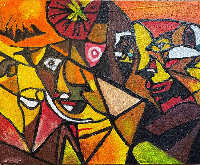 dripping,outsider art,art singulier, denise grisi,tableau expressionniste paysage tropical aube couleurs chaudes orange rouge vitrail 