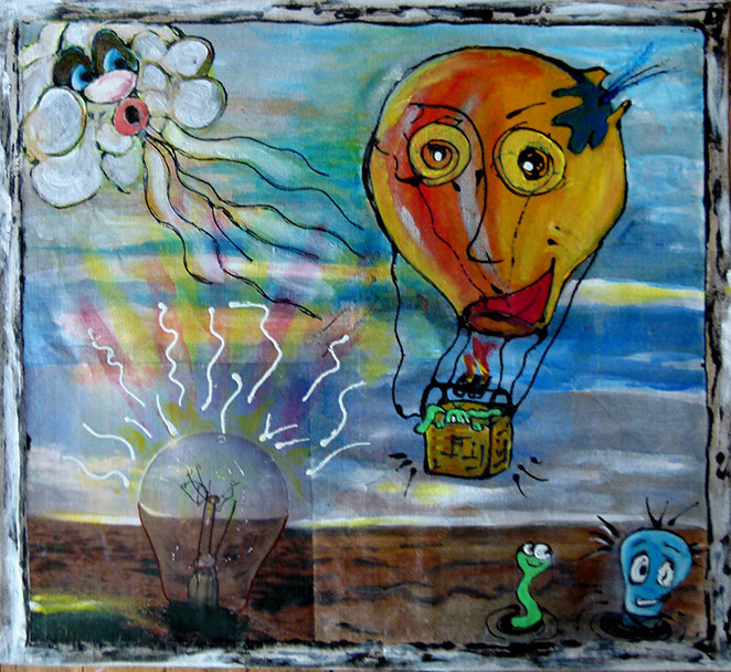 peinture de denise grisi incluant un cliché Hipstamatic, ballon , montgolfiére, ampoule, vent, nuage, ça avance,