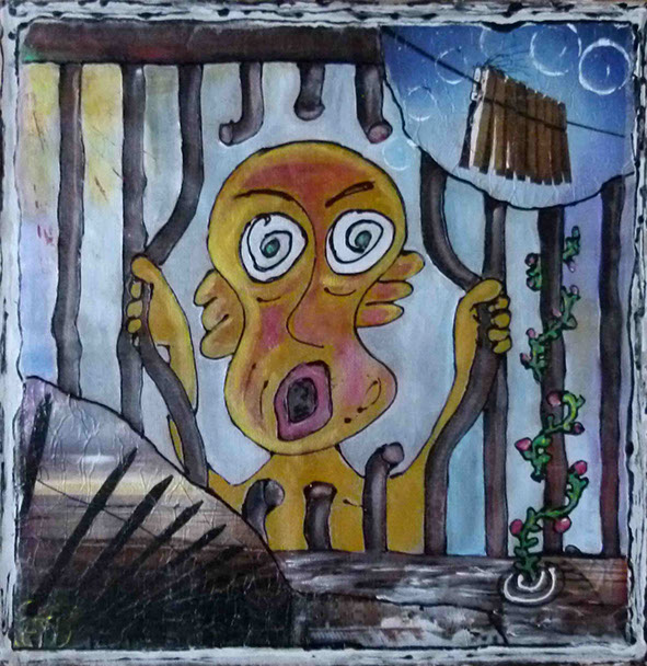 peinture de denise grisi incluant un cliché Hipstamatic, pinces à linge, barriére , liberté, regard étonné sur le monde,