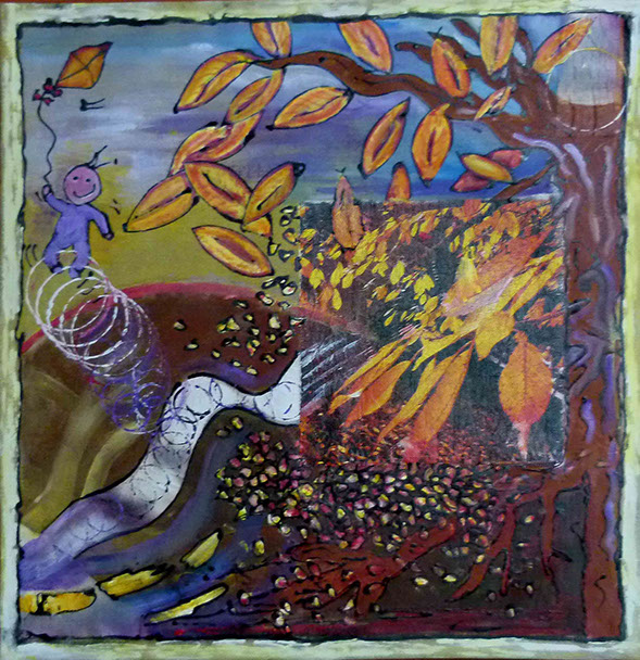 peinture de denise grisi incluant un cliché Hipstamatic, feuilles d'automne, bébé, cerf-volant, vent, arbre, encore l'automne