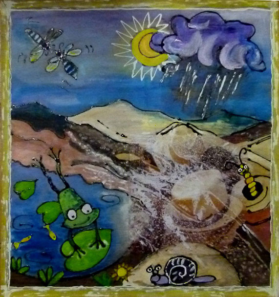 peinture de denise grisi incluant un cliché Hipstamatic, pluie, soleil, nuage, grenouille, escargot, abeille, nénuphar, aprés la pluie,