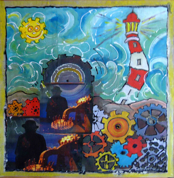 peinture de denise grisi incluant un cliché Hipstamatic, soleil, phare, engrenage, silhouette,  veilleur siilencieux,