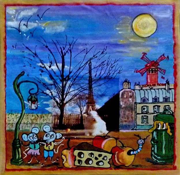 peinture de denise grisi incluant un cliché Hipstamatic, Paris, Tour Eiffel, moulin rouge, lampadaire, souris, lapin, pomme, fromage, parc Paris