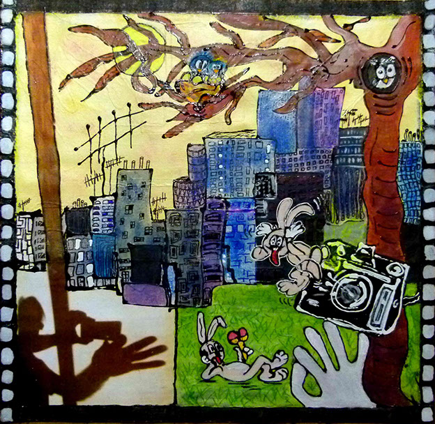 peinture de denise grisi incluant un cliché Hipstamatic, arbre, nid, paysage urbain photographe, lapin,