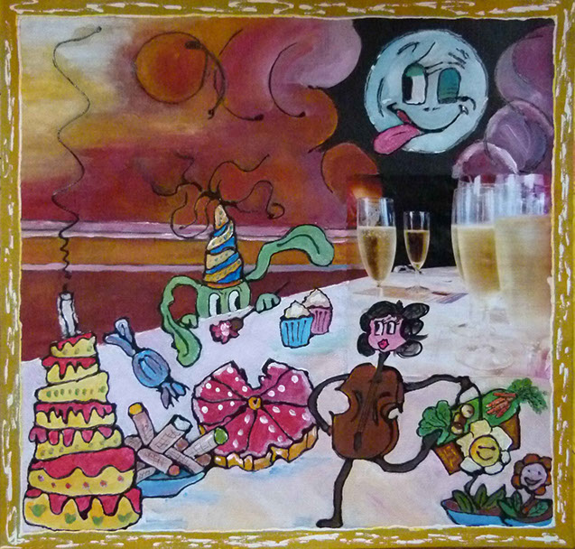 peinture de denise grisi incluant un cliché Hipstamatic, champagne gateau,chien,lune clin d'oeil , femme violoncelle