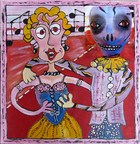 peinture de denise grisi incluant un cliché Hipstamatic, couple homme extraterrestre chatouillant une cantatrice sous le sein