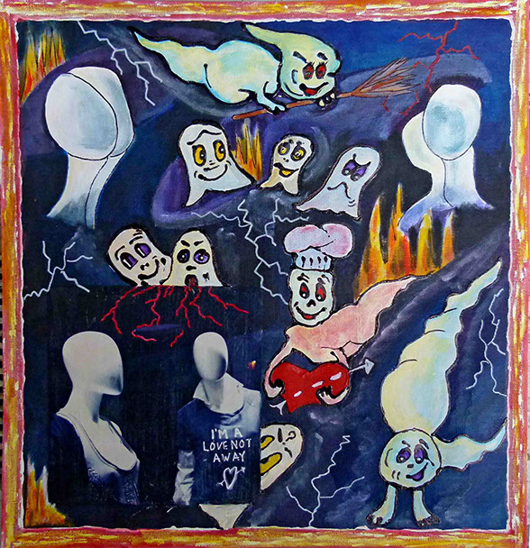 peinture de denise grisi incluant un cliché Hipstamatic, mannequins de vitrine, fantomes, spectres, 