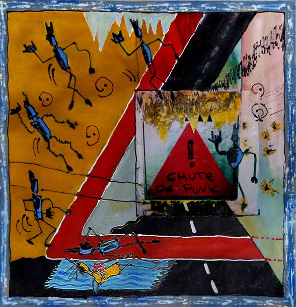 peinture de denise grisi incluant un cliché Hipstamatic, #panneau de signalisation, #chute d'un personnage , 3amoureux