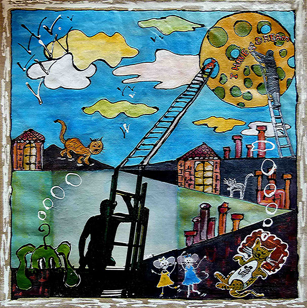 peinture de denise grisi incluant un cliché Hipstamatic,homme qui monte à l'#echelle vers une #planéte,#chat et #souris , #toits