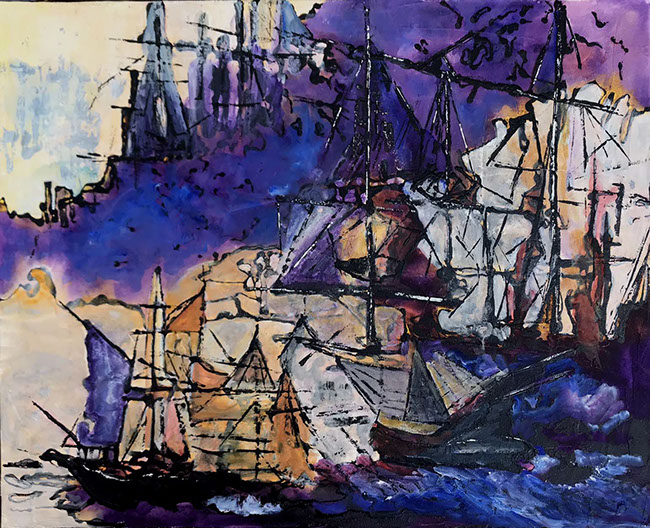 peinture expressioniste maritime montrant plusieurs voiliersou vaisseaux&nbsp; agités sur mer houleuse, ciel rouge et violet sombre